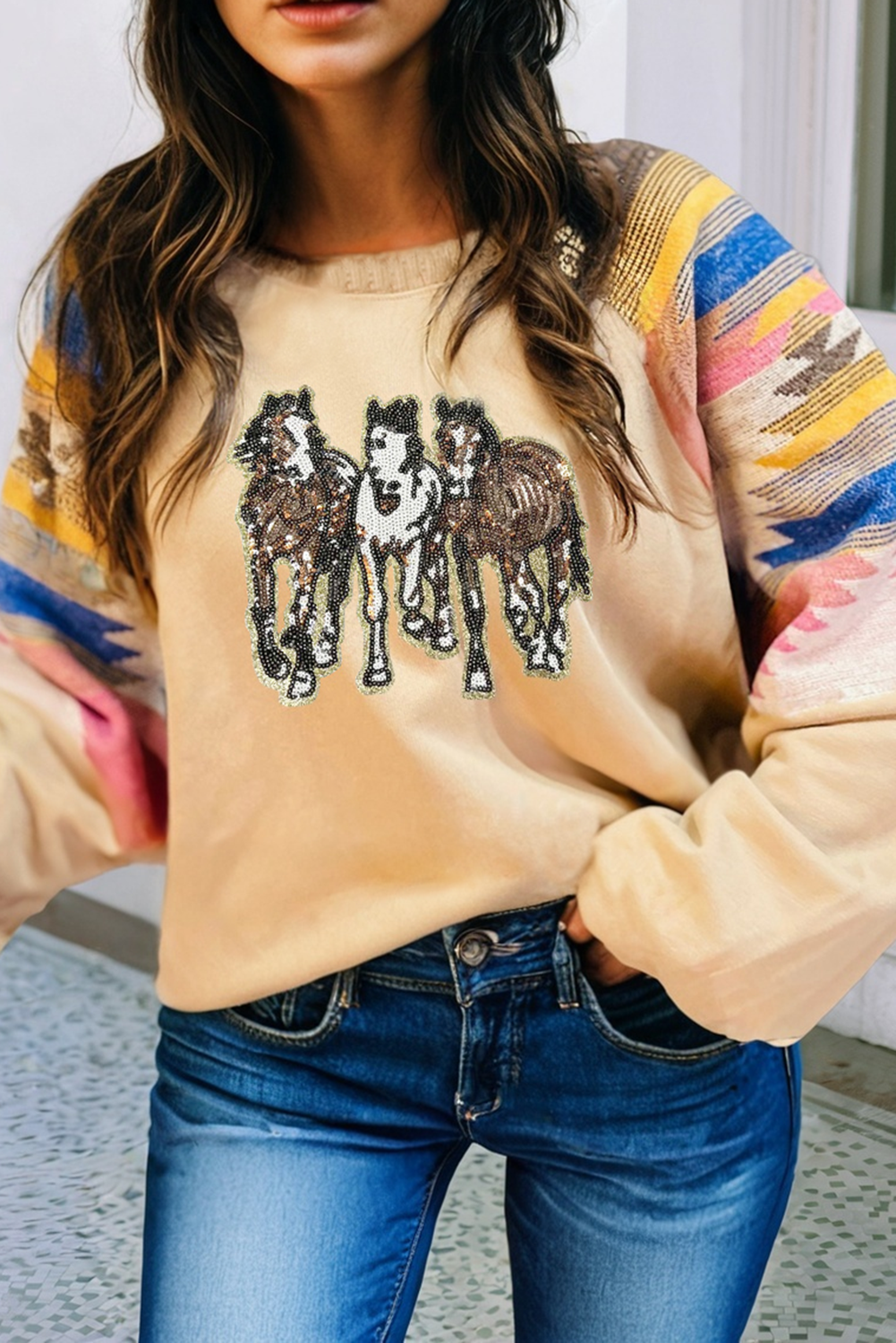 “Sequined Western horses graphic Aztec sweatshirt, colorful casual pullover for fall and winter.”