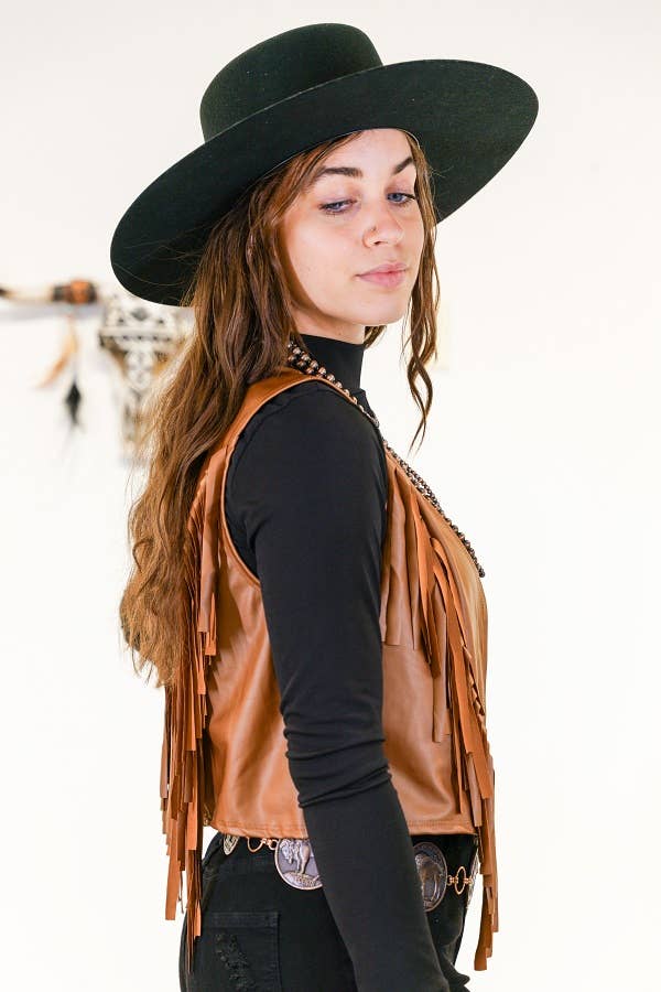 Jr. Girls Camel Leather Waterfall Fringe Vest