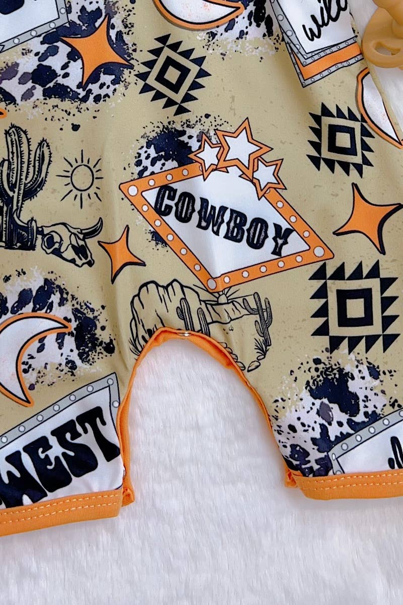 Infant ORANGE & GREEN COWBOY PRINTED ROMPER.