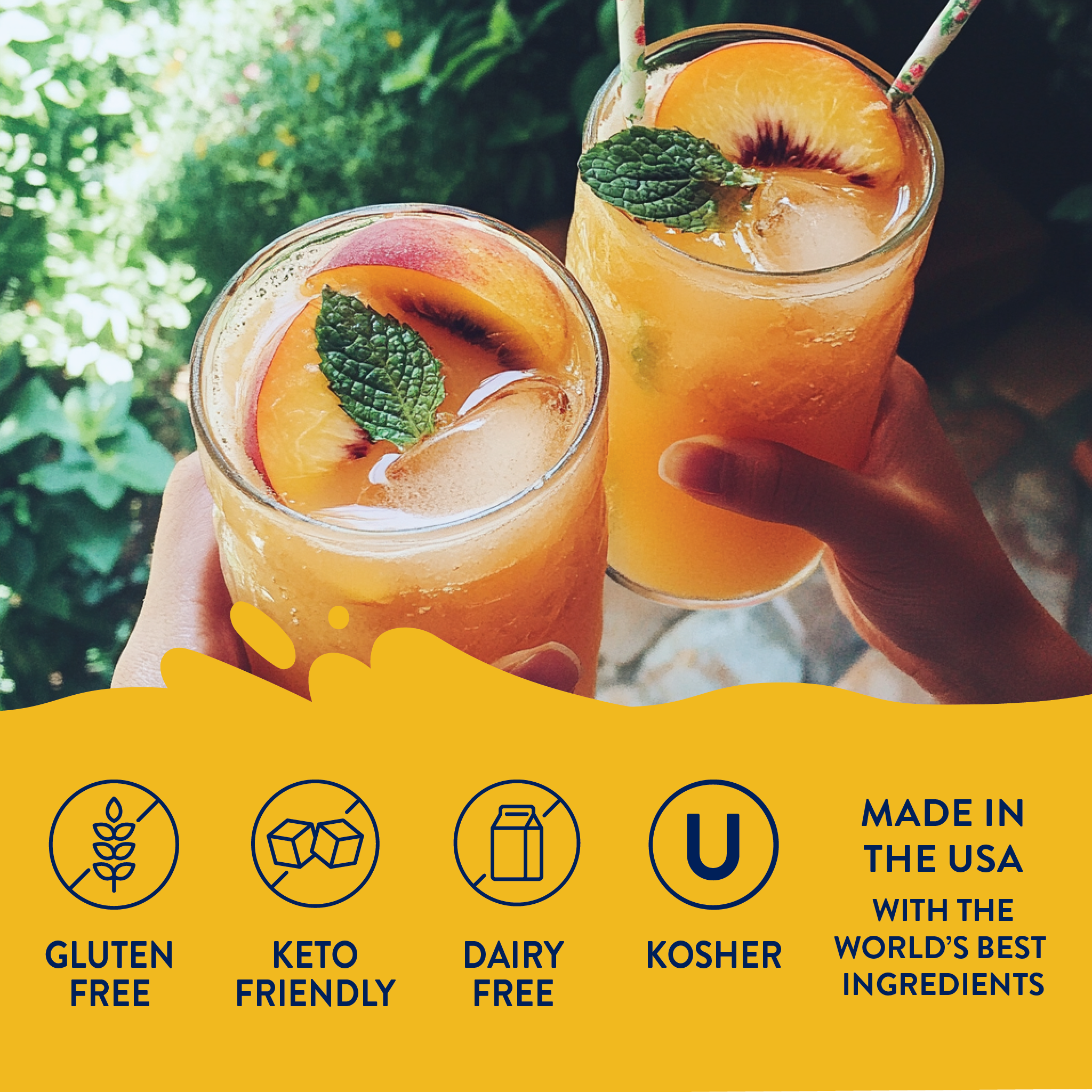 Two glasses of peach iced tea held by hands with a yellow banner at the bottom featuring dietary labels.