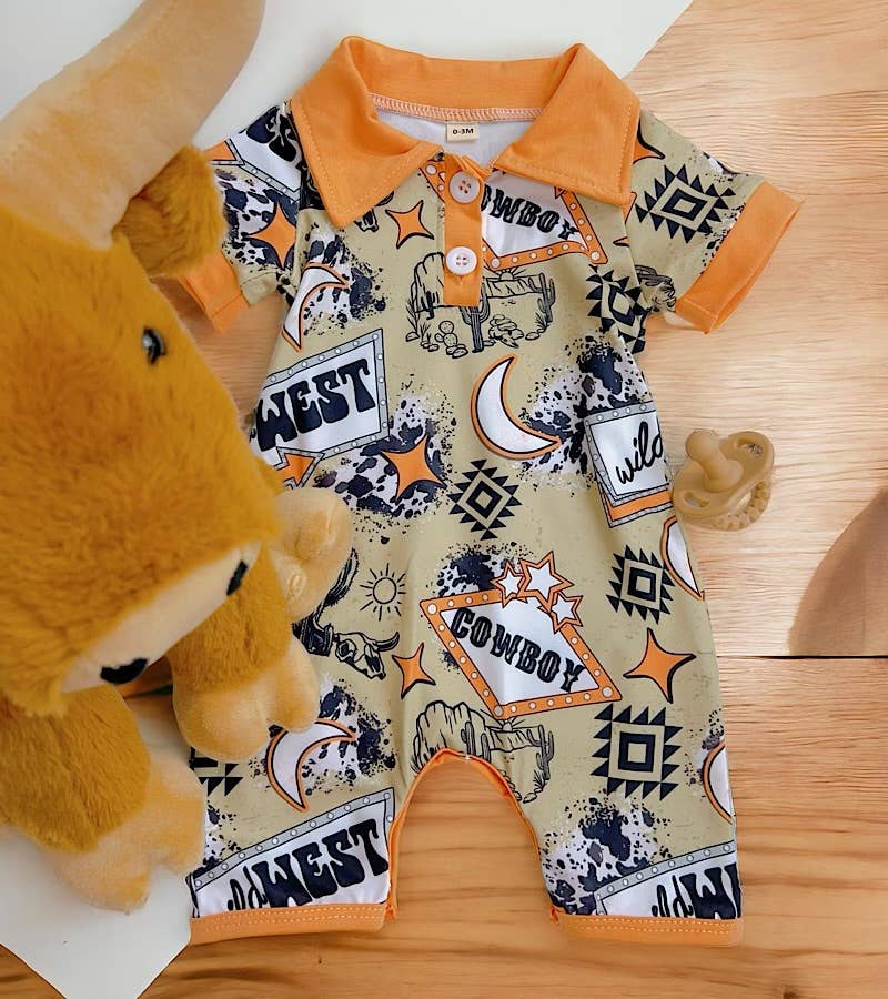 Infant ORANGE & GREEN COWBOY PRINTED ROMPER.