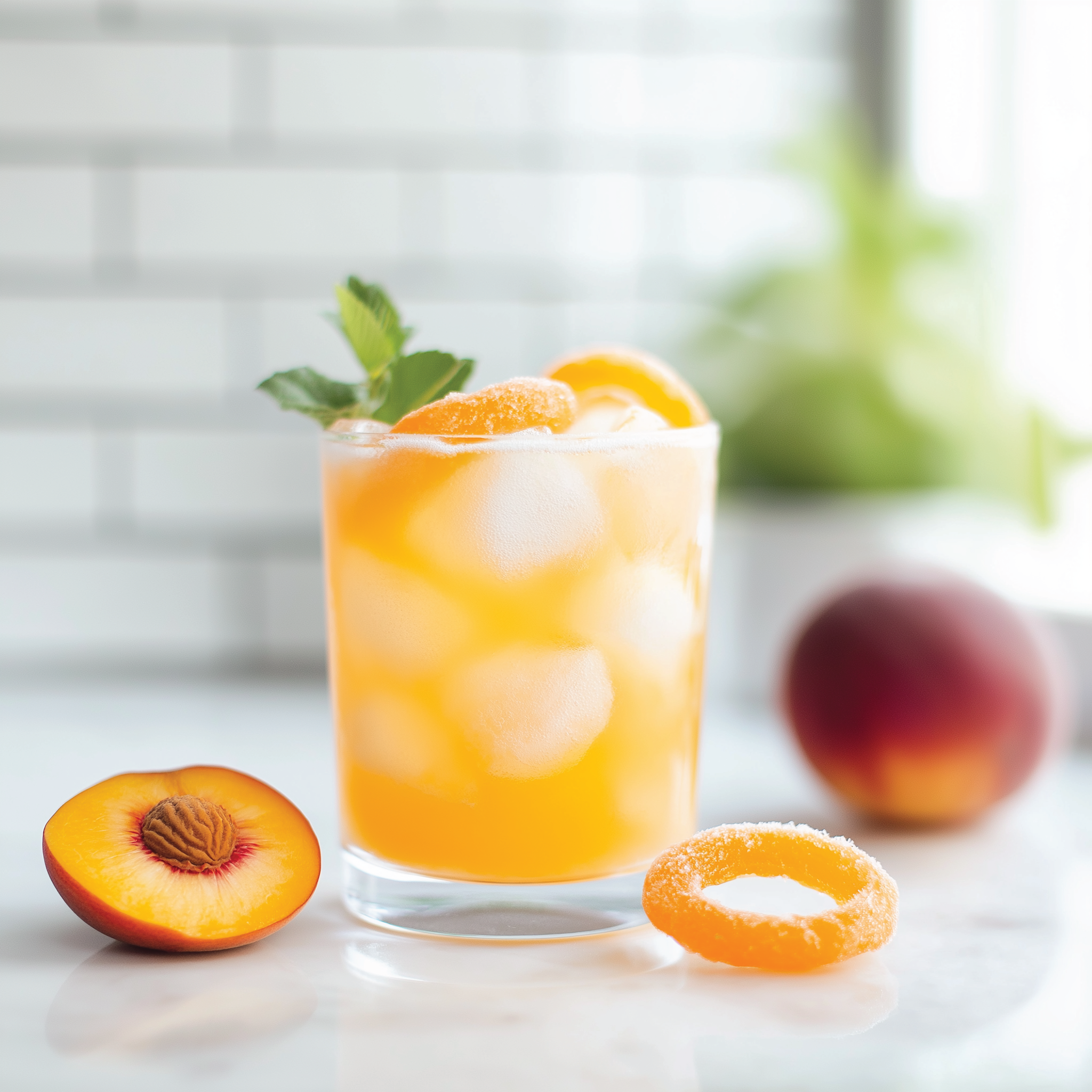 Glass of orange juice with ice and peach slices on a white surface