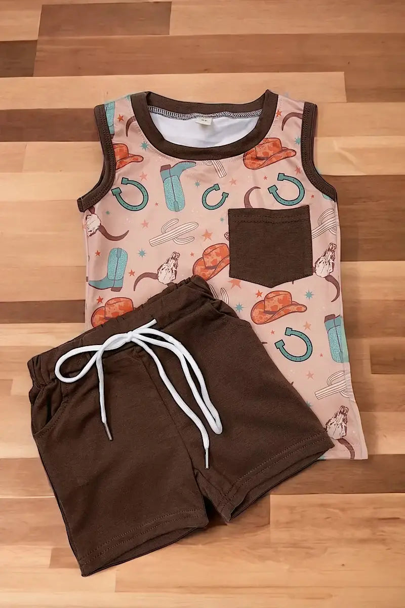 COUNTRY BOY" MULTI PRINTED BROWN 2 PIECE SET.