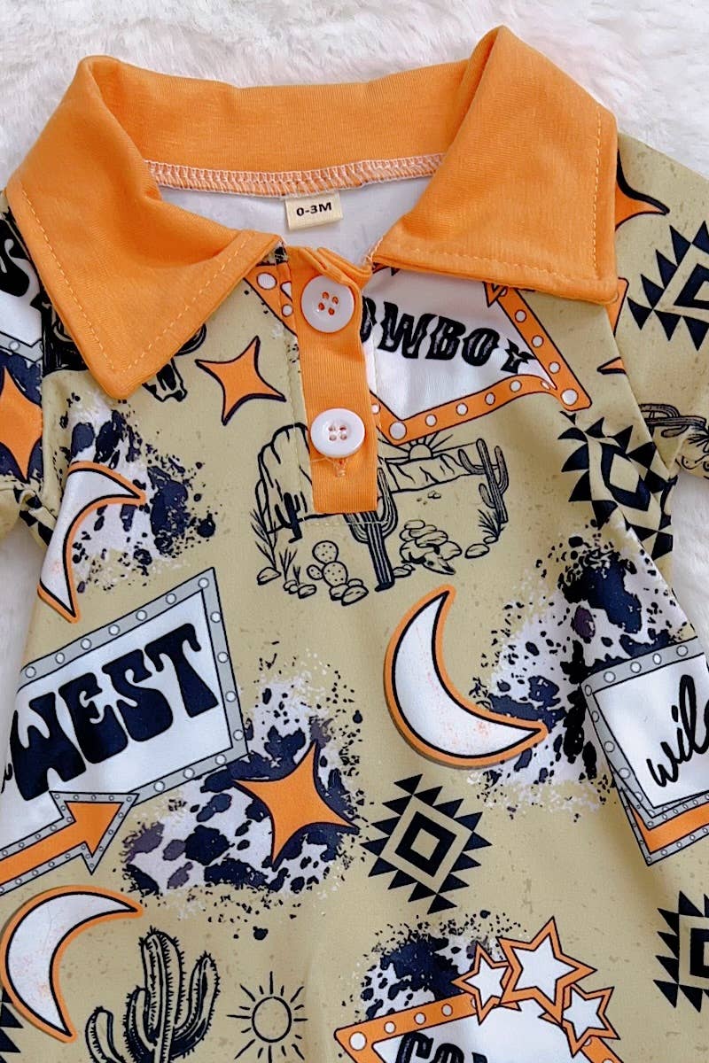 Infant ORANGE & GREEN COWBOY PRINTED ROMPER.