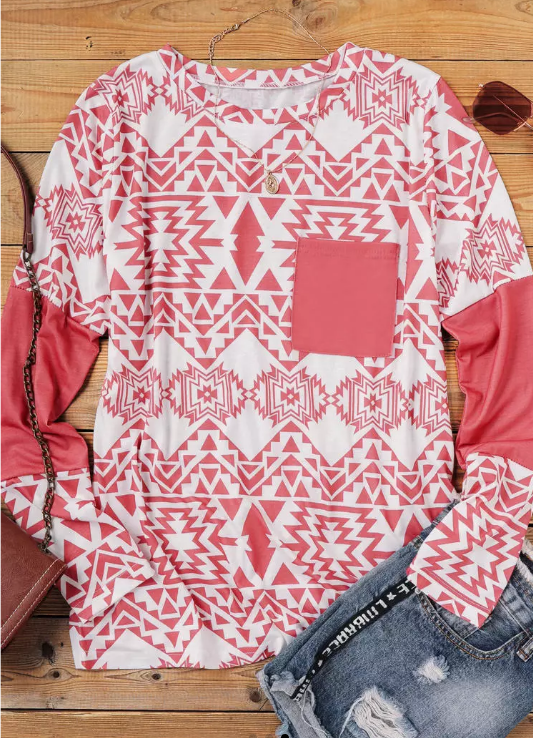 Western Aztec Print Long Sleeve Top with Pocket – Pink & White -Large
