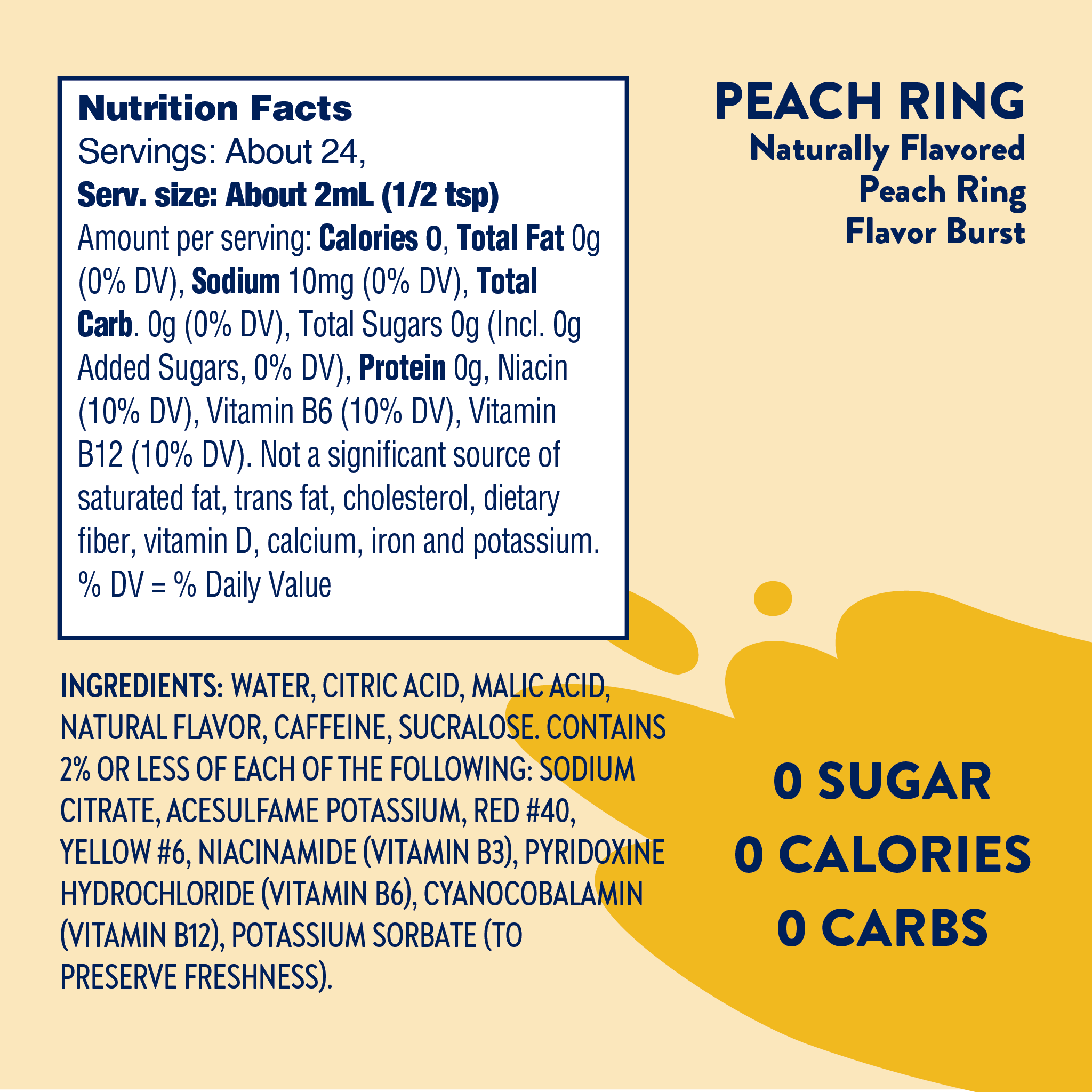Nutrition facts and ingredients label for Peach Ring flavor burst on a beige background