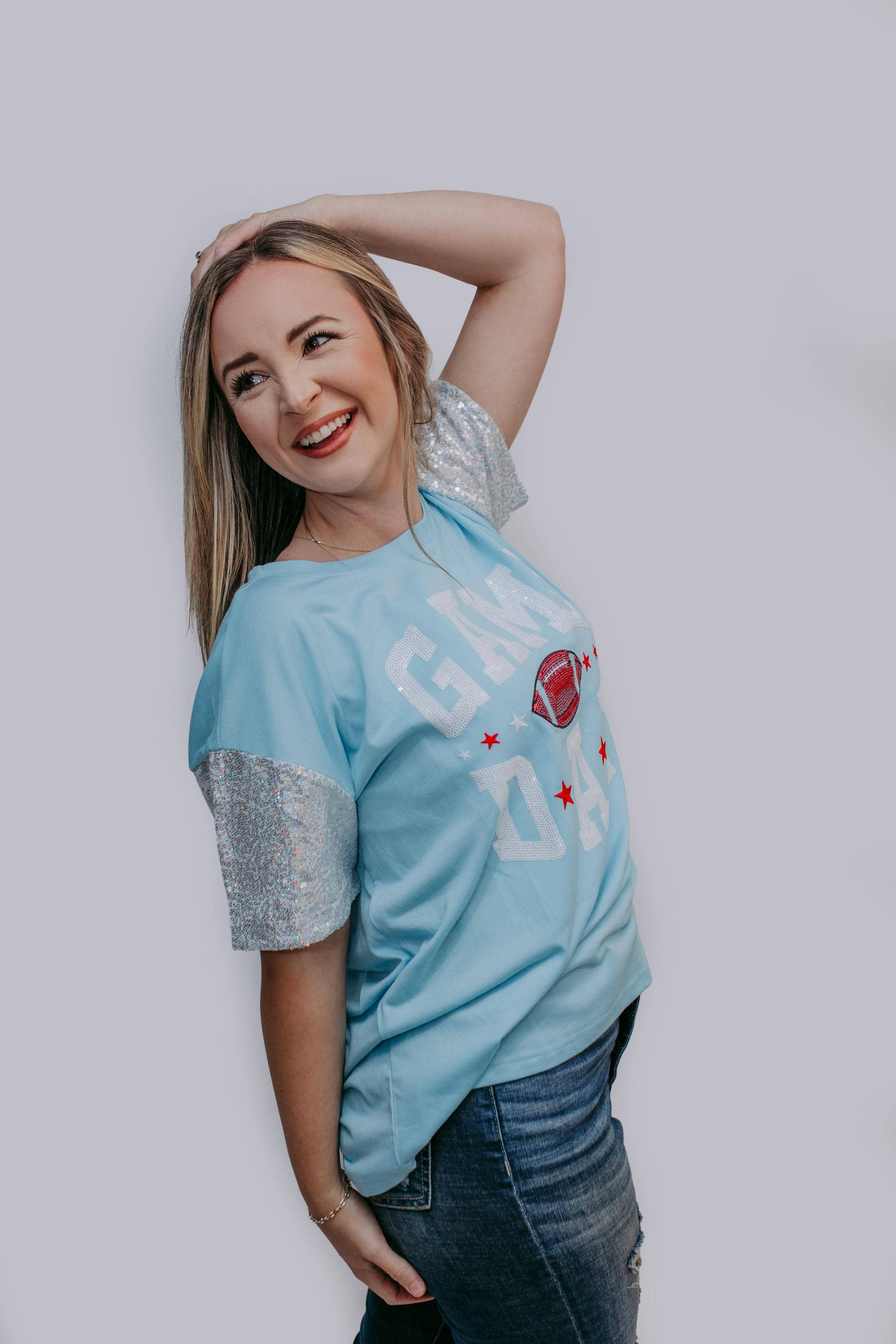 Sequins Embroidery Game Day Tee – Icy Blue