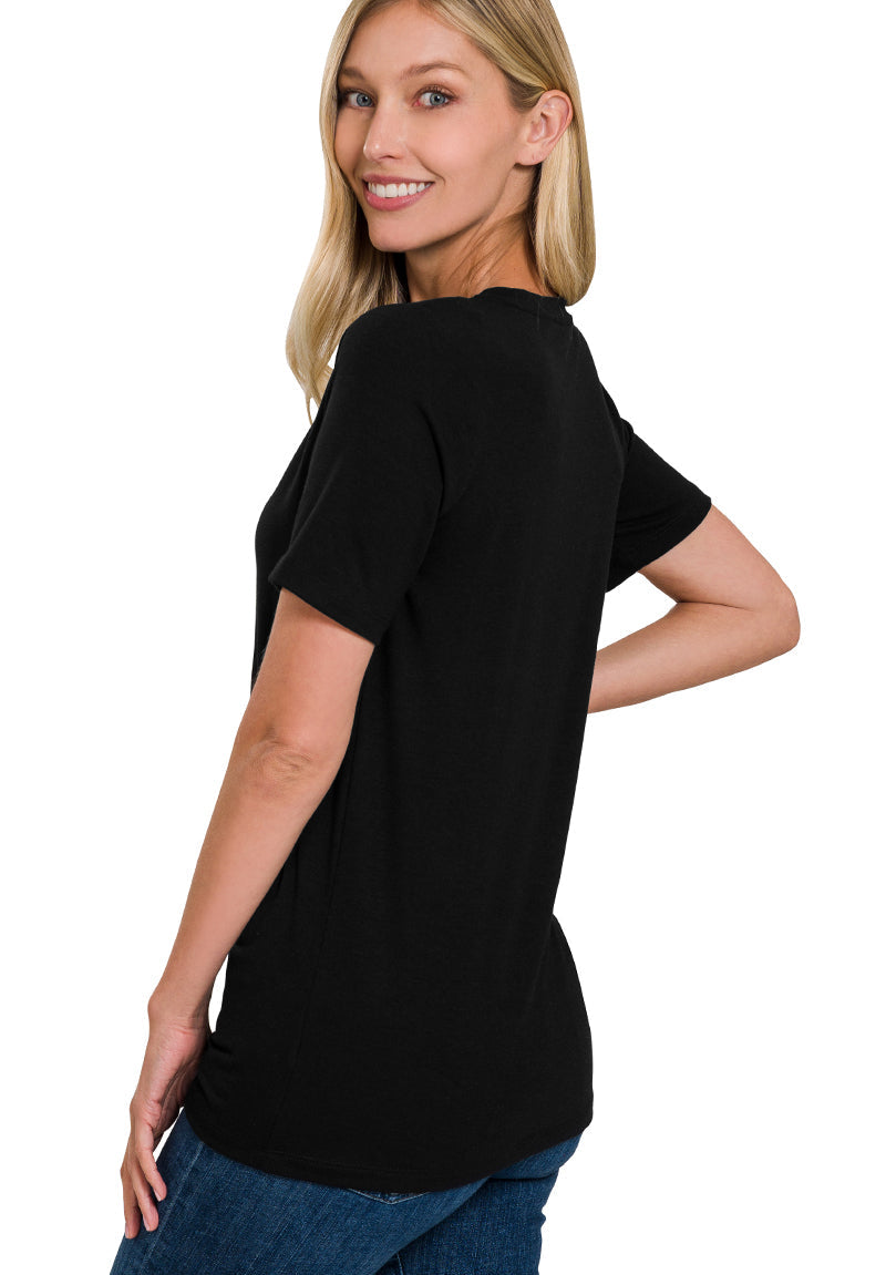 Close-up of Zenana black basic tee showing soft fabric and classic crew neckline