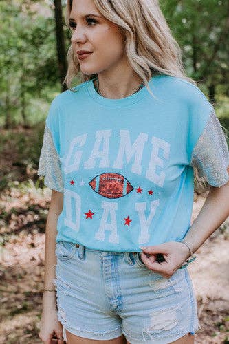 Sequins Embroidery Icy Blue Game Day T-Shirt – Stylish Football Season Outfit