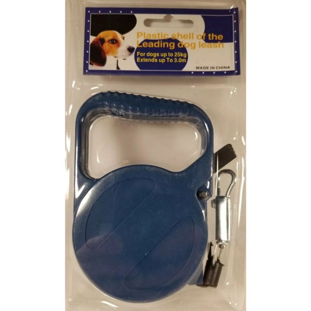 Close-up of a retractable pet leash with an ergonomic handle and extended nylon tape.