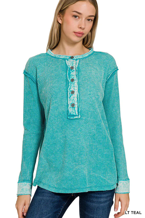 Zenana Mineral Washed Thermal Boxy Henley – Long Sleeve Cotton Top
