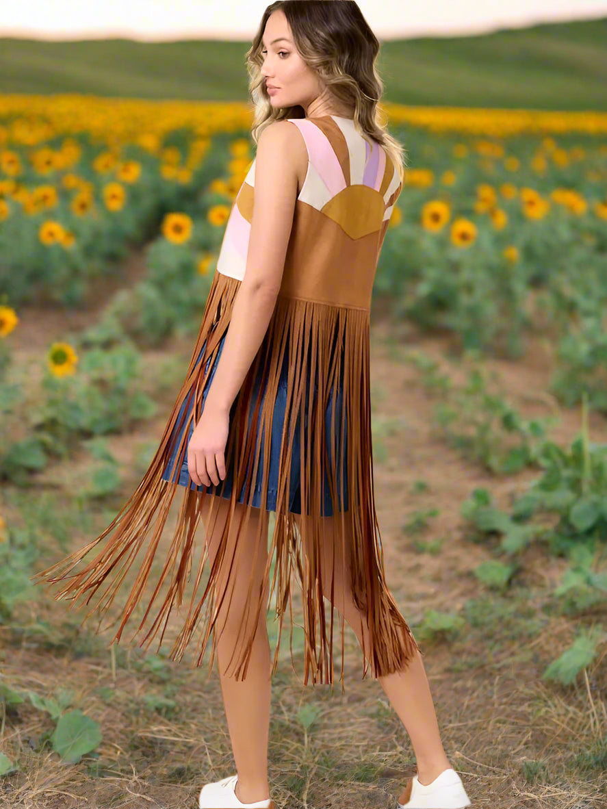 Sunset Horizon Color Patch Fringe Vest