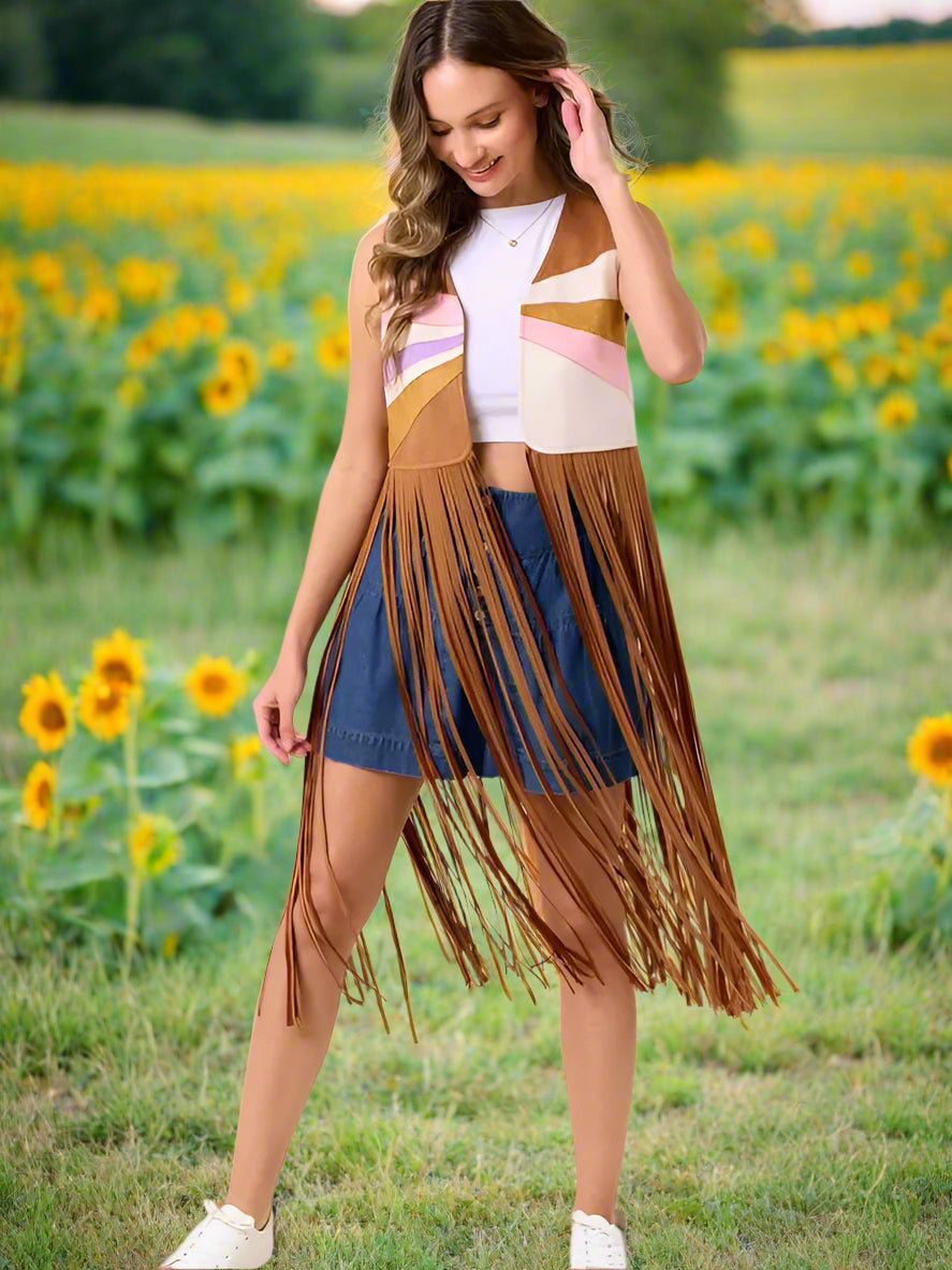 Sunset Horizon Color Patch Fringe Vest