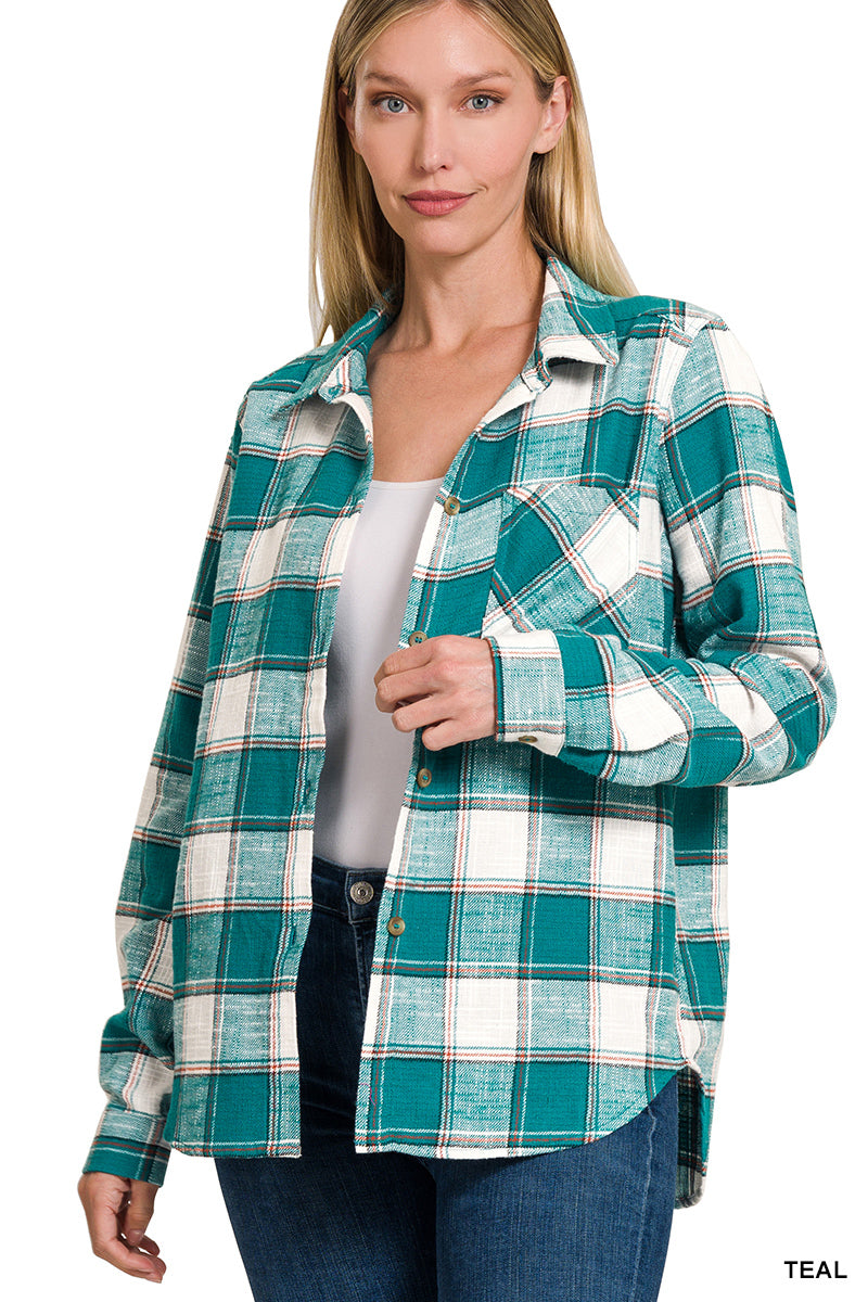 Zenana Cotton Plaid Shirt Shacket – Women’s Button-Up Plaid Top with Pocket