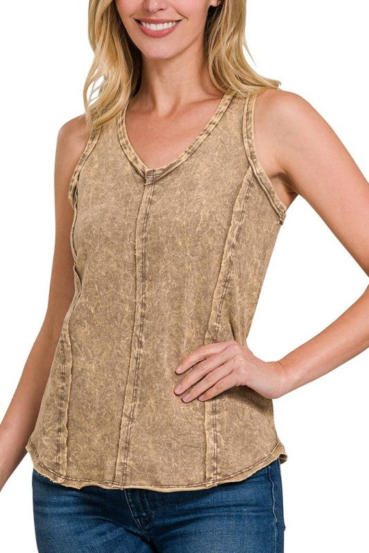 Front view of Zenana crinkle washed French terry top in beige