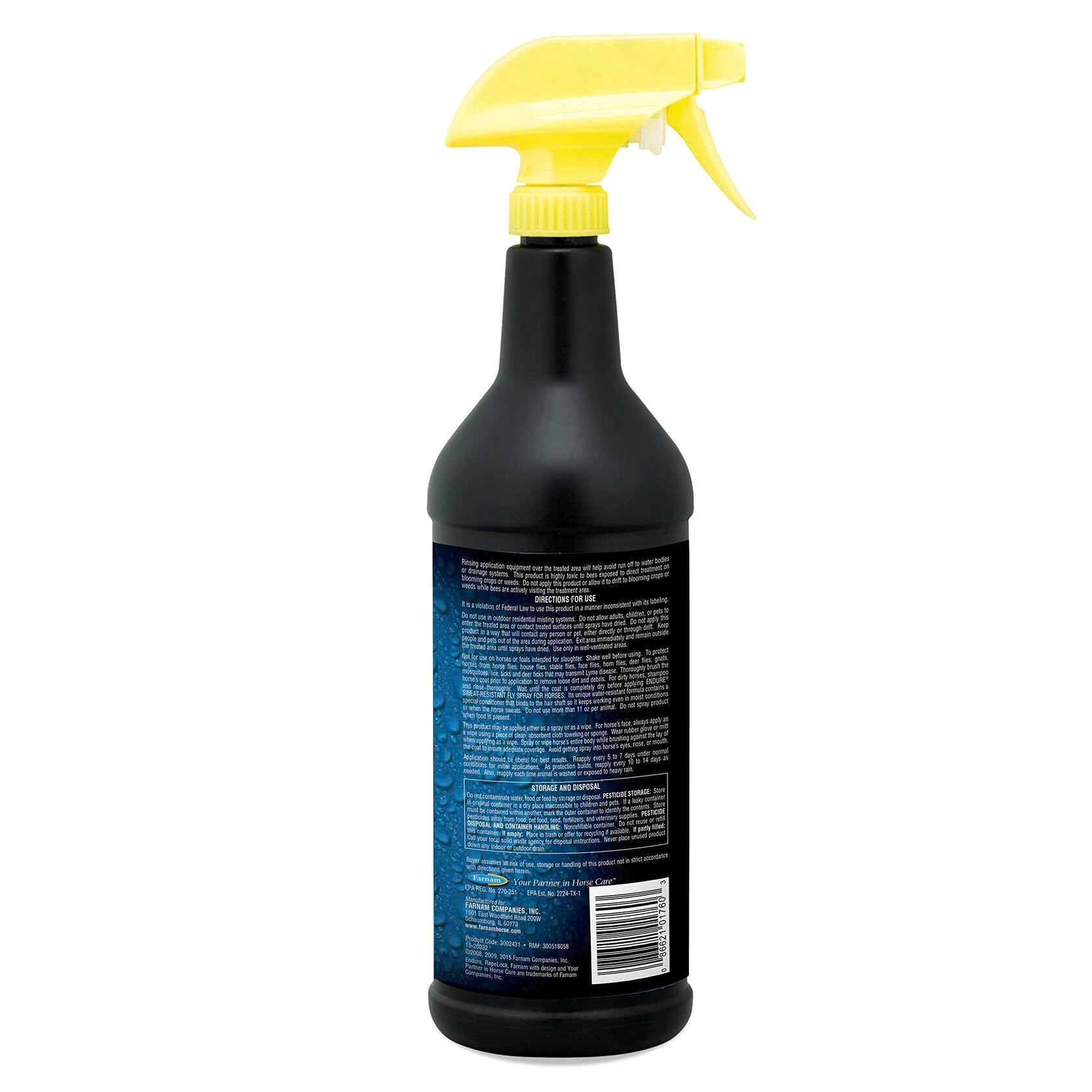 Close-up of Farnam Endure 32 oz fly spray bottle, showcasing its ergonomic handle and protective cap.