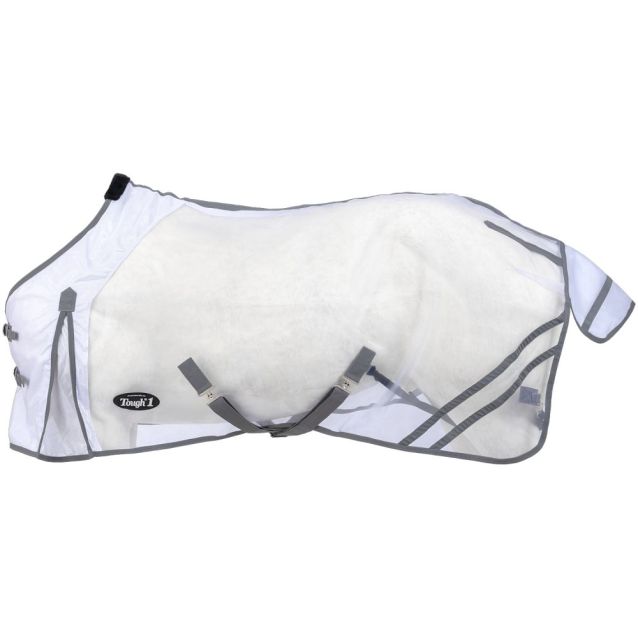 Tough1 Micro Mesh Fly Sheet shown on horse featuring fine mesh body, fleece wither protection, and tail flap for insect protection