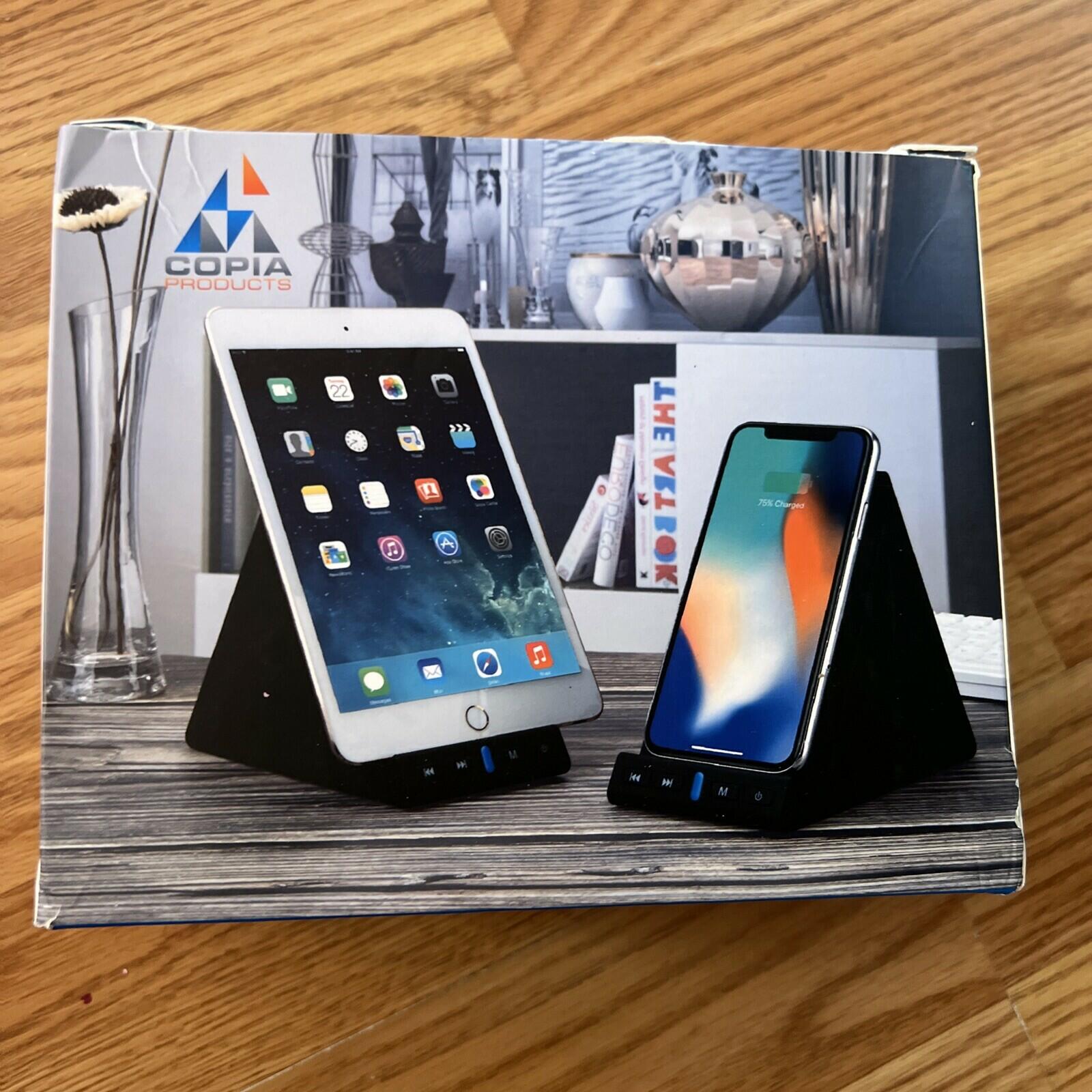 , compact wireless speaker, modern desk speaker with wireless charging