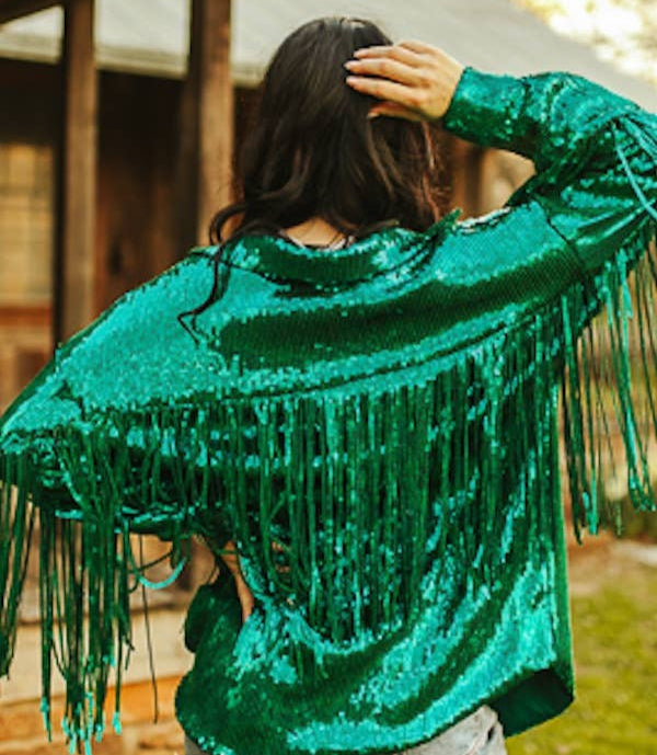 Green Sequins Shacket W All around Fringe