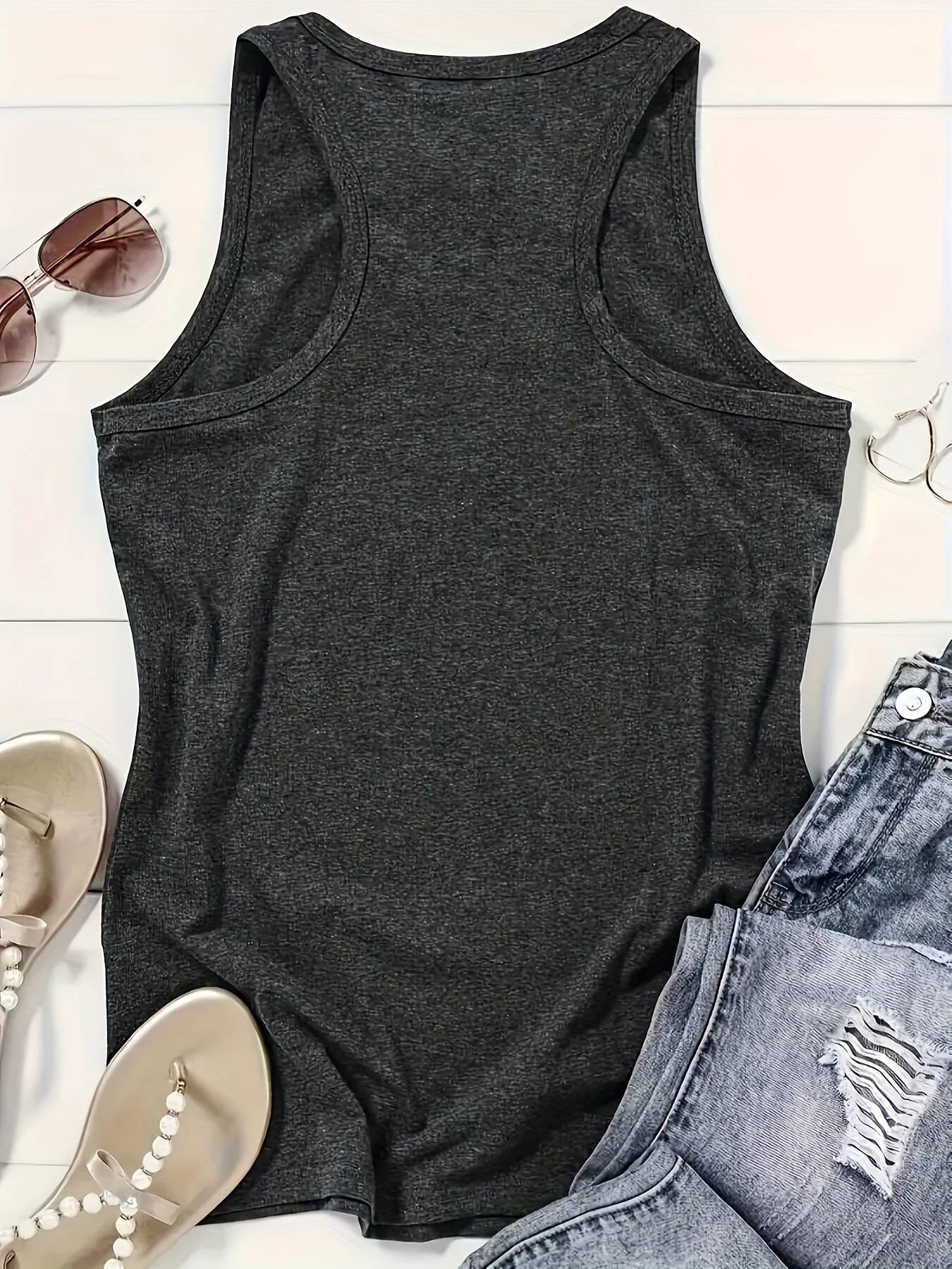 Soft heather gray tank top with a bold mountain sunrise graphic