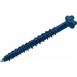 A single blue hex head concrete screw anchor with a slotted drive and sharp threads.