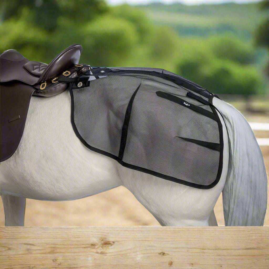 Close-up of breathable mesh fly rump sheet attached to saddle with Quick Grip loops and grommets.