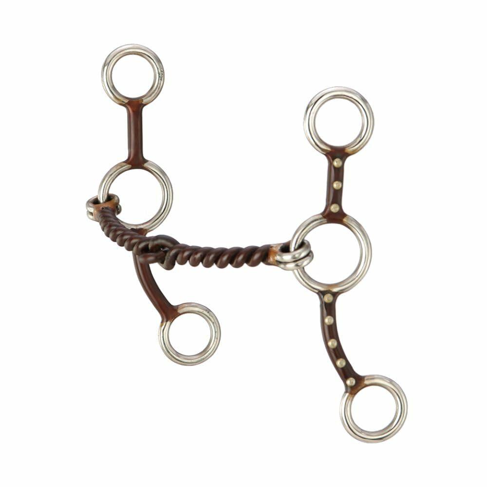 Horse bridle bit with metal rings and leather rope on a white background