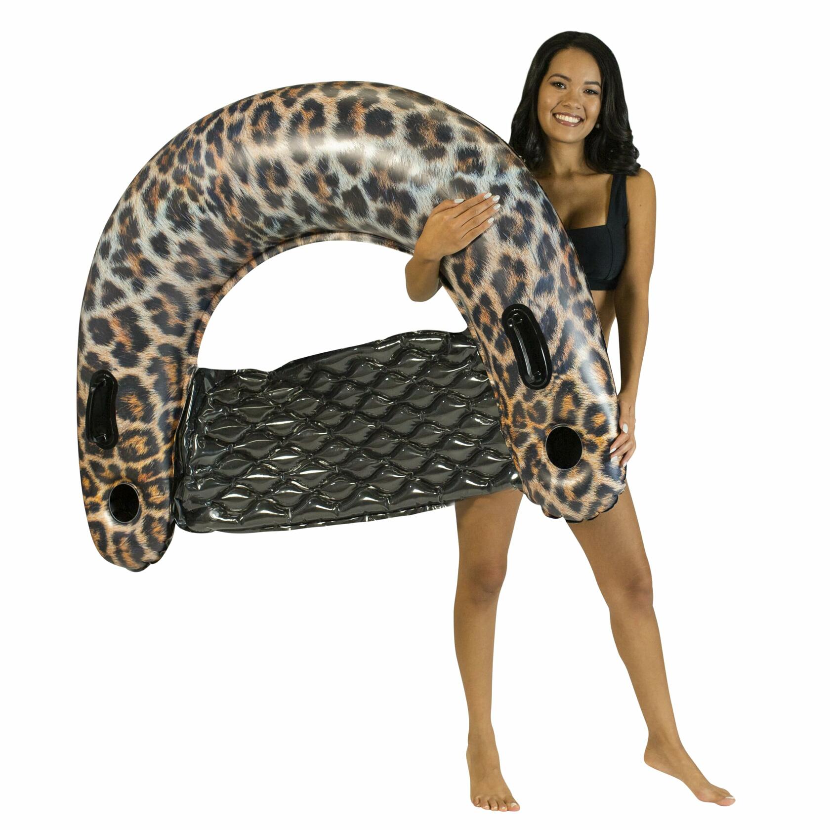 Leopard print inflatable pool chair from PoolCandy with realistic high-res design.
