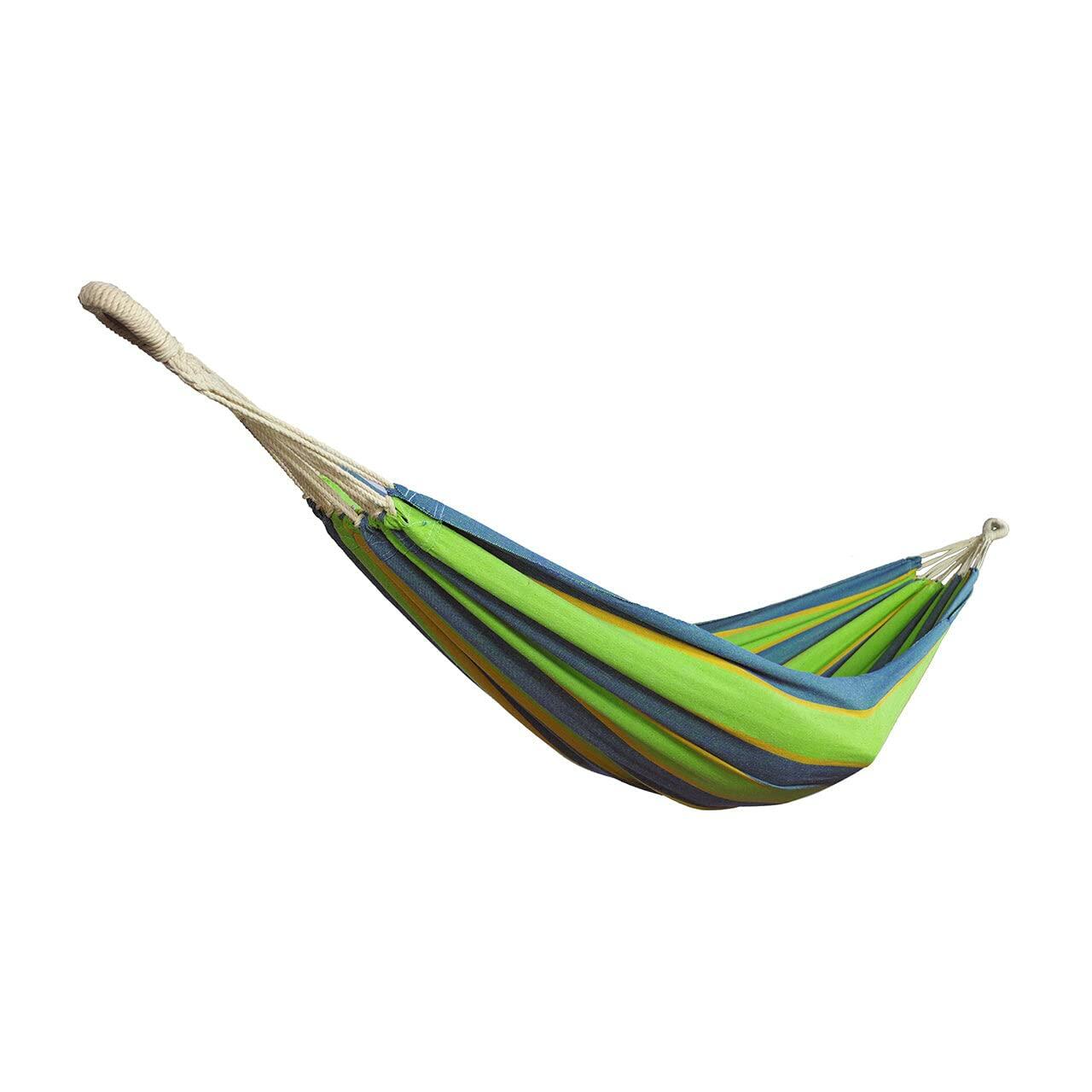 "Bliss Hammocks 40-inch Mediterranean Stripe hammock with hand-woven rope loops and hanging hardware"