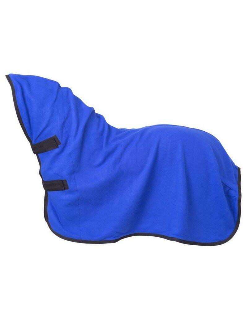 Side view of royal blue fleece cooler showing contoured fit on miniature horse