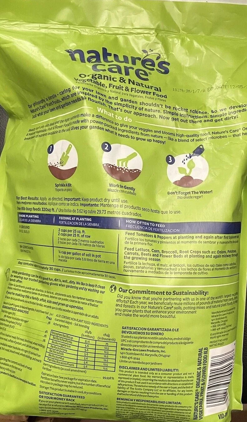 Miracle-Gro Nature's Care Organic Natural Vegetables Fruit Flower Food 8 lb