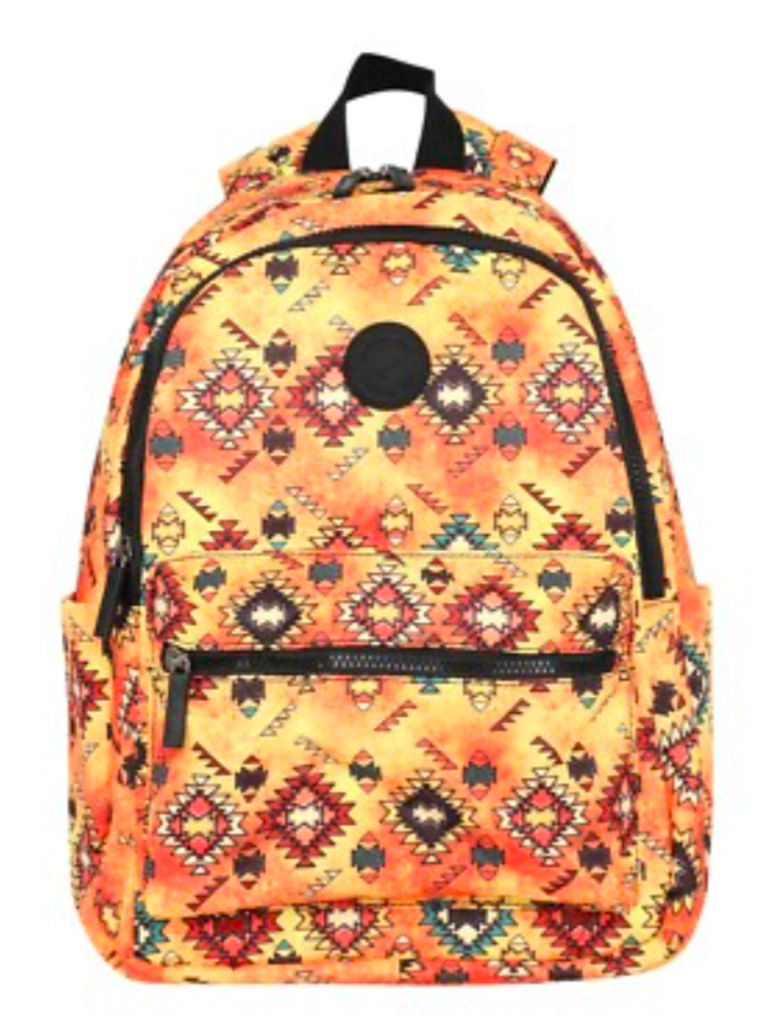 Montana West Backpack with vibrant yellow Aztec pattern and adjustable padded straps