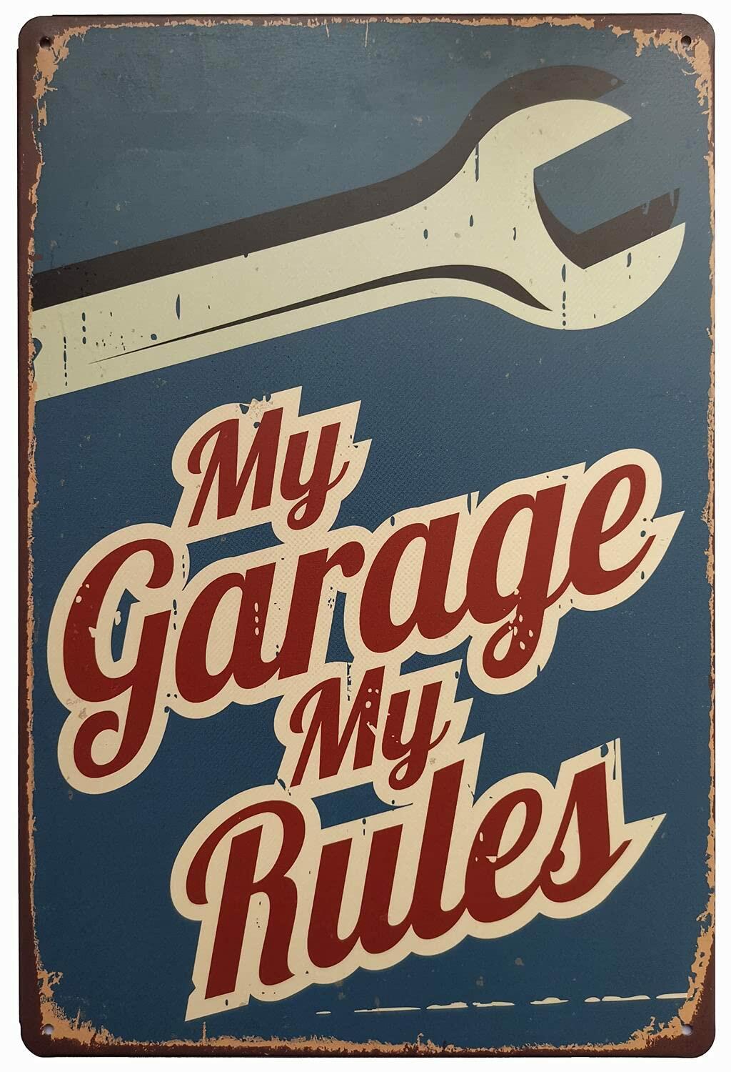 "My Garage My Rules vintage metal sign with retro distressed design"