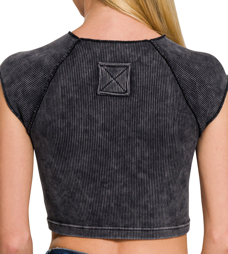 Stone Washed Ribbed Seamless Crop Top – Round Neck Stretch Tank