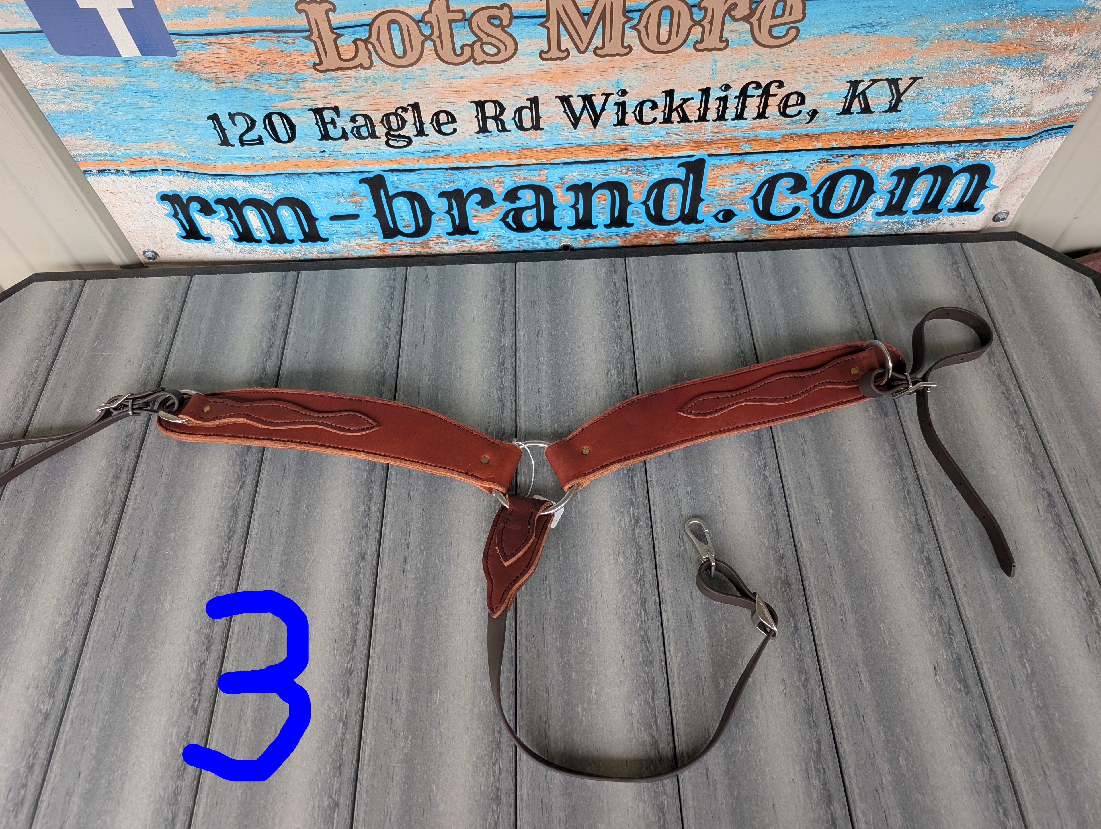 Brown leather bridle on a wooden surface with a sign in the background.