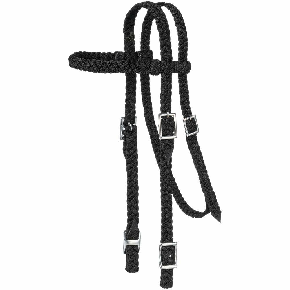 Black braided horse bridle with metal buckles on a white background