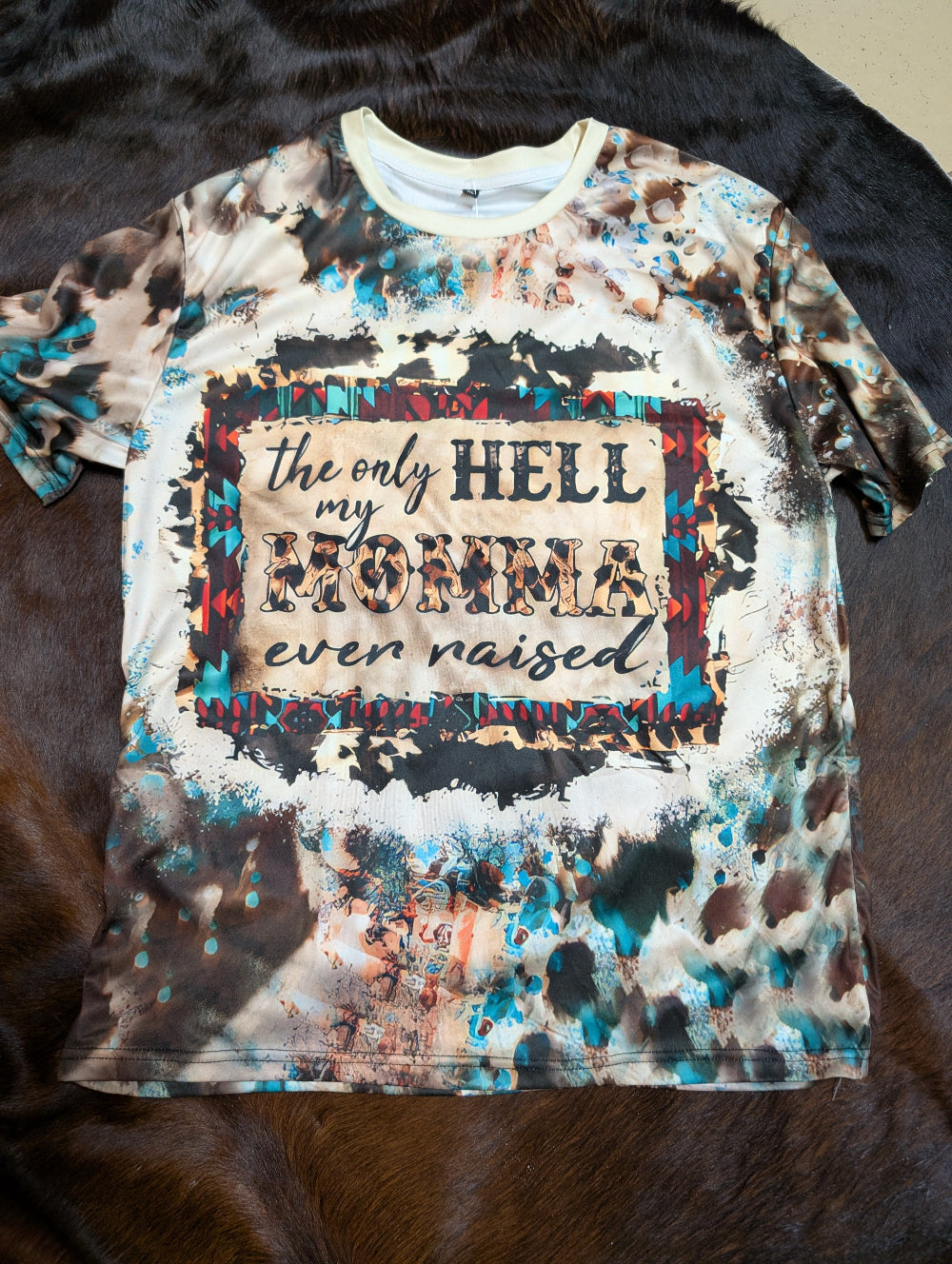 Graphic polyester T-shirt with 'Only Hell My Moma Ever Raised' text design, final clearance item