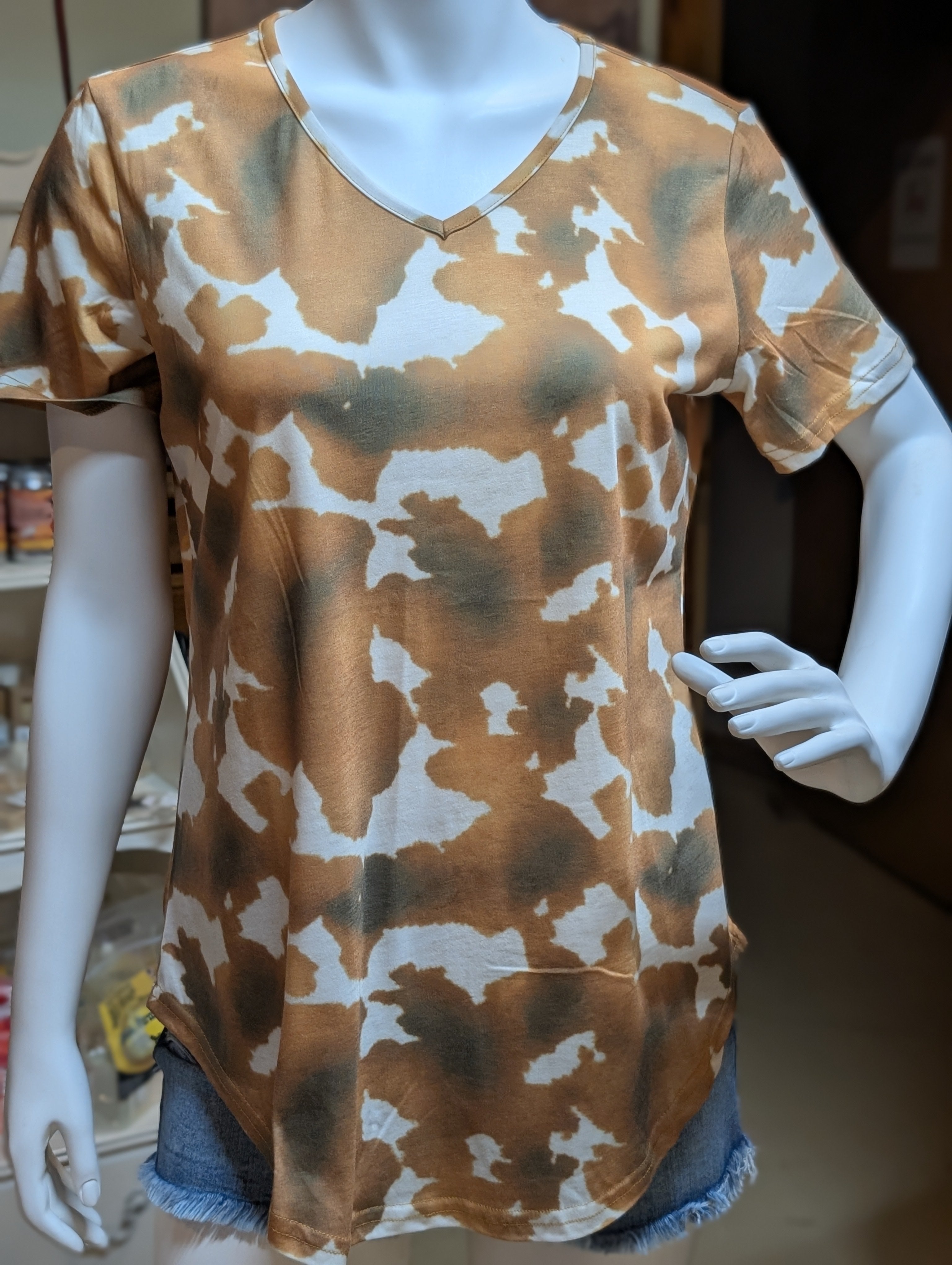 L & B Cowprint Short Sleeve Top