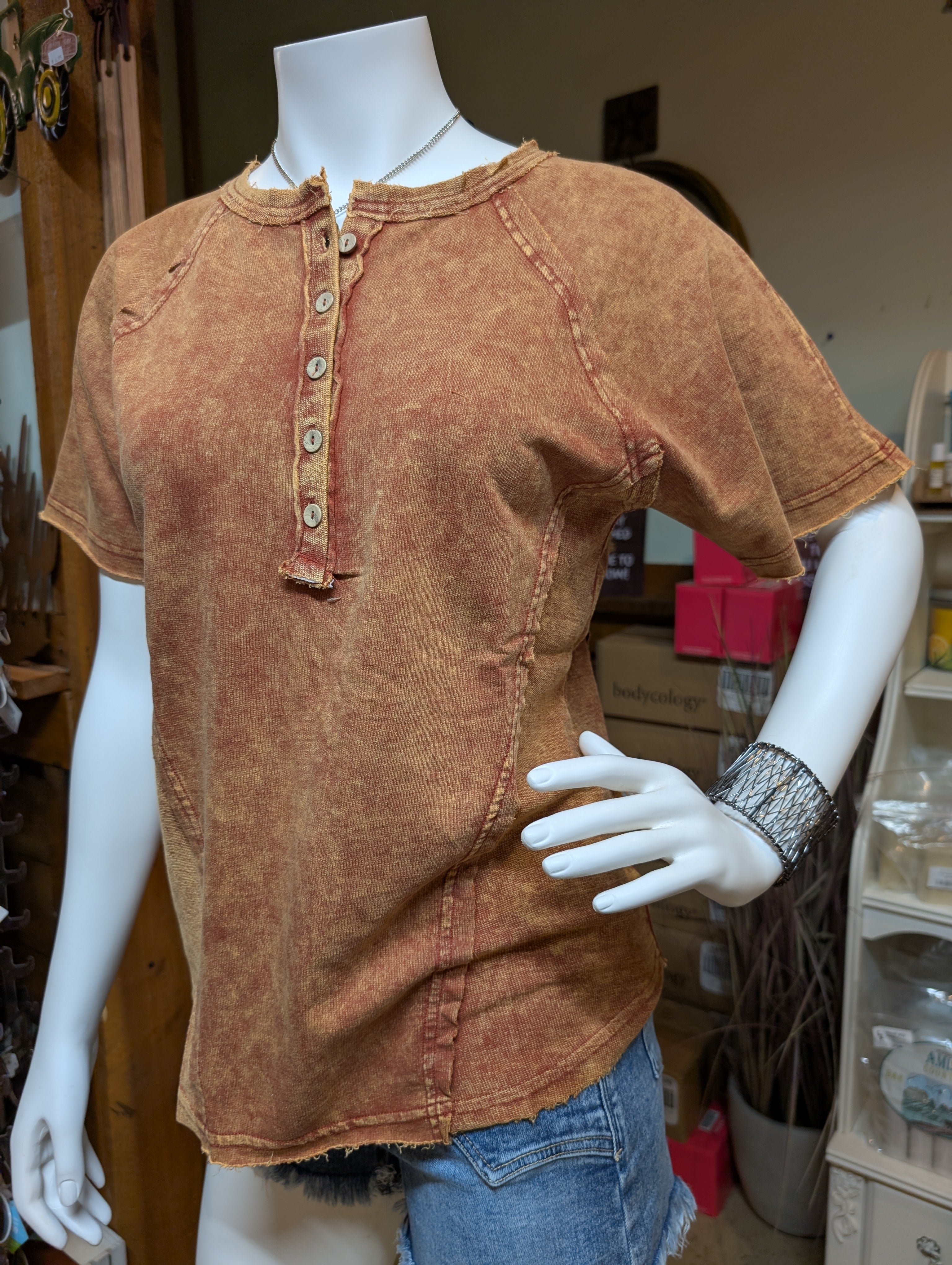 Zenana Crinkled Washed French Terry Henley Top – Button Front & Cozy Feel