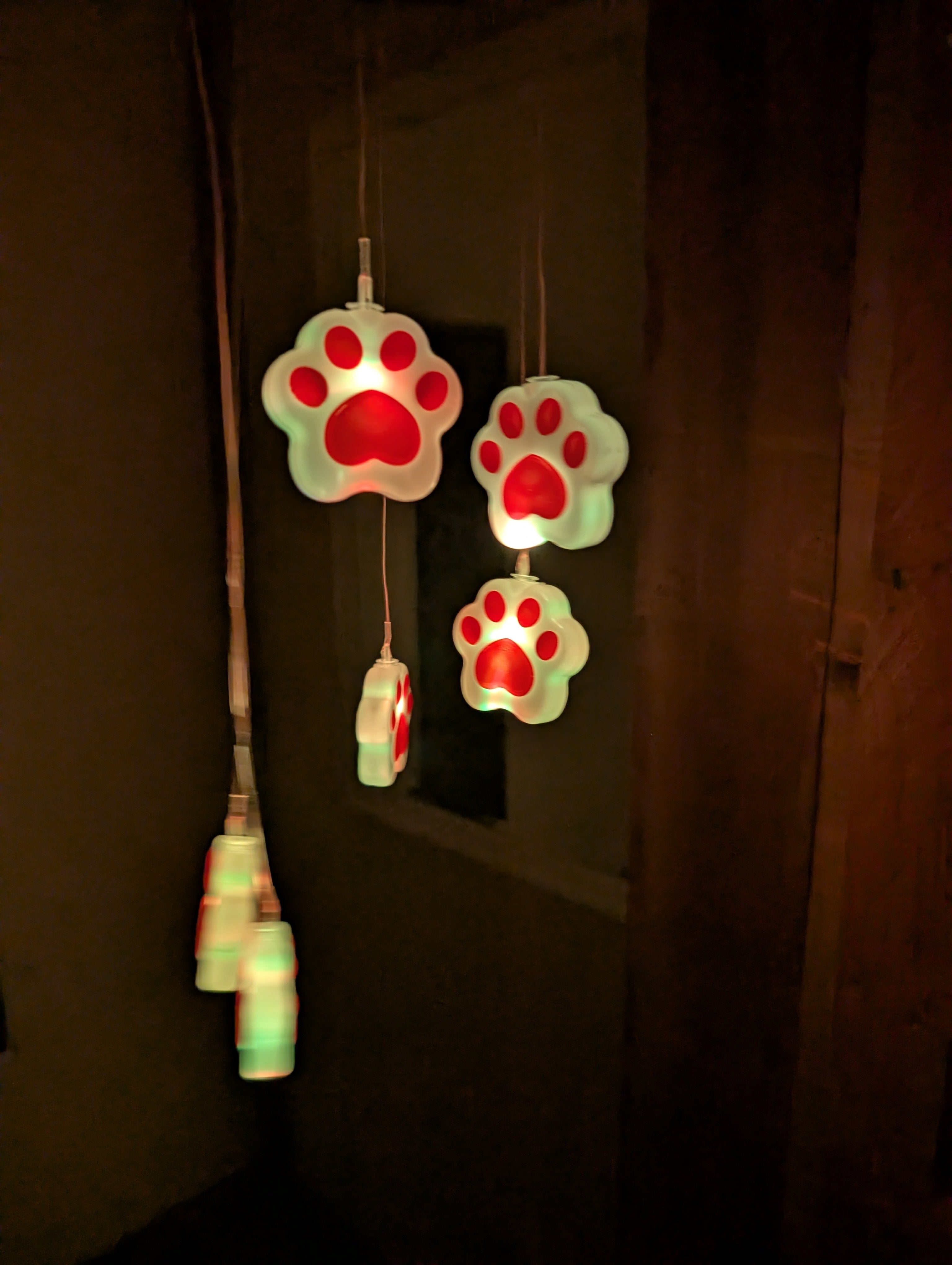 Paw-shaped lights with red centers and green bases hanging against a dark background.