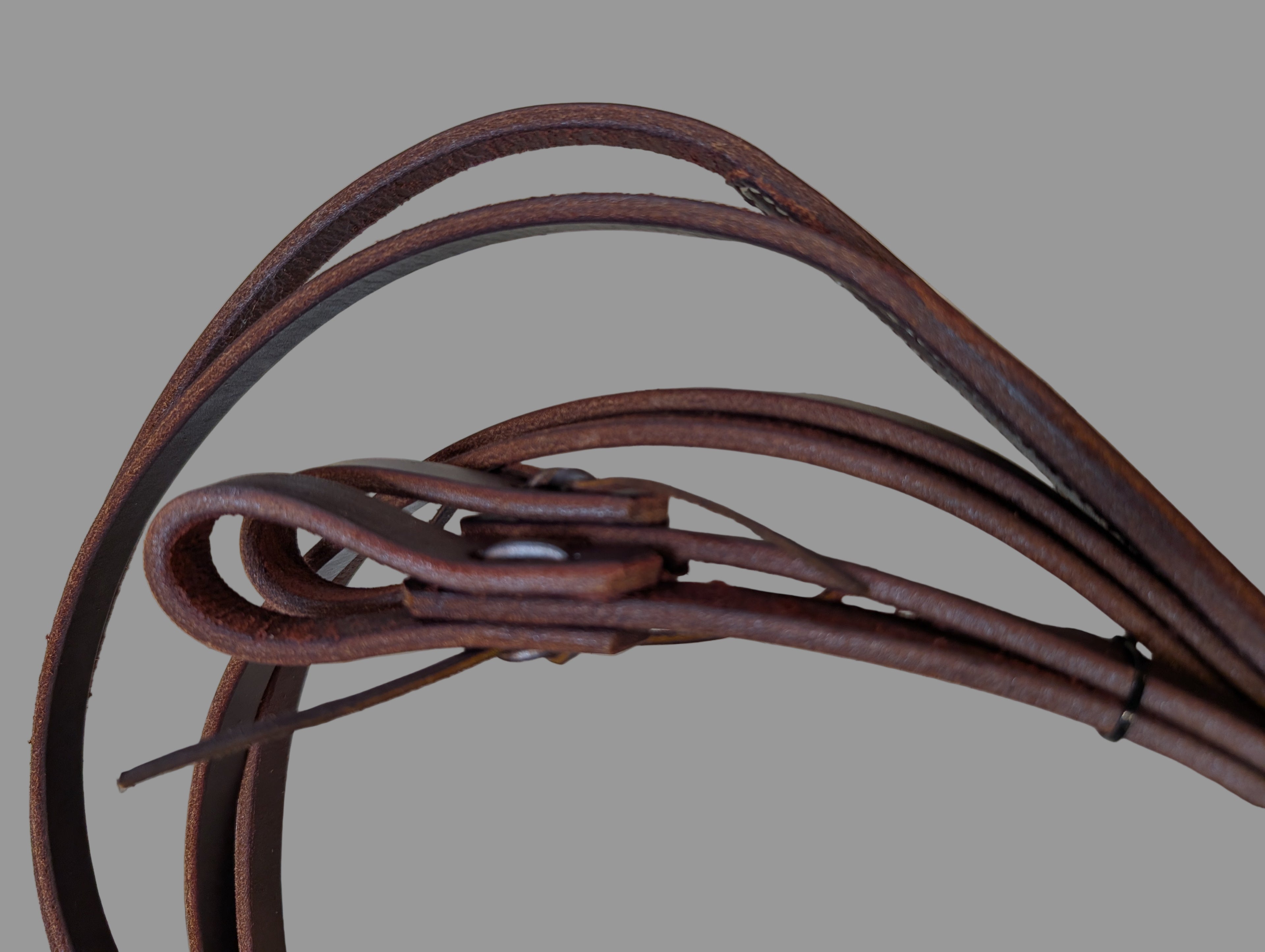 Coiled brown leather strap on a beige surface