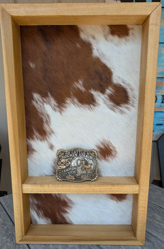 Rodeo buckle display case holds 4 buckles and a back number