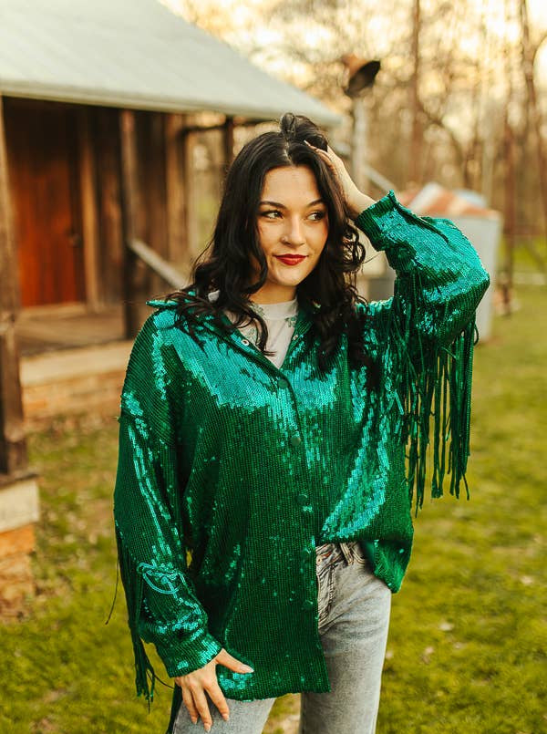 Plus Size Green Sequins Shacket With All around Fringe