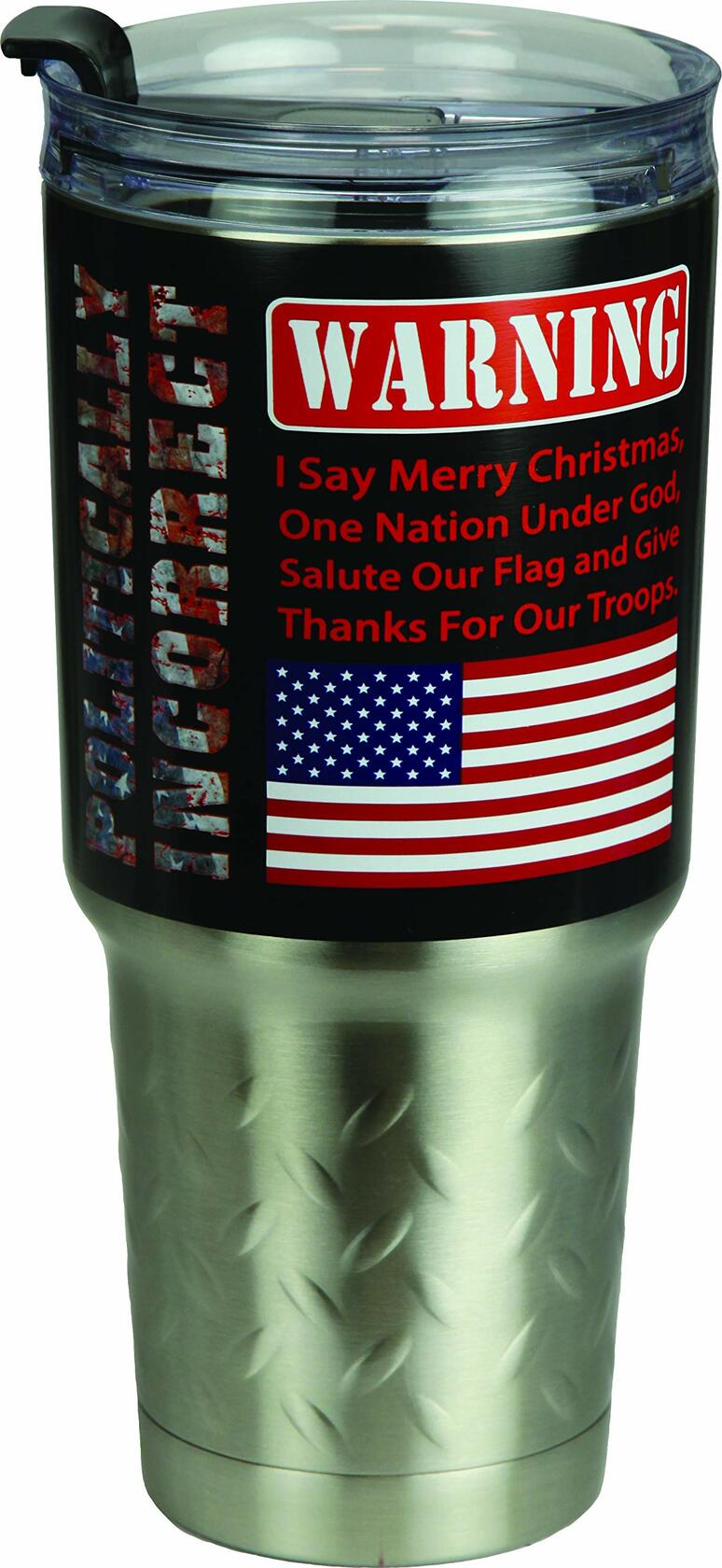 Leak-proof and spill-resistant travel cup with humorous politically incorrect design