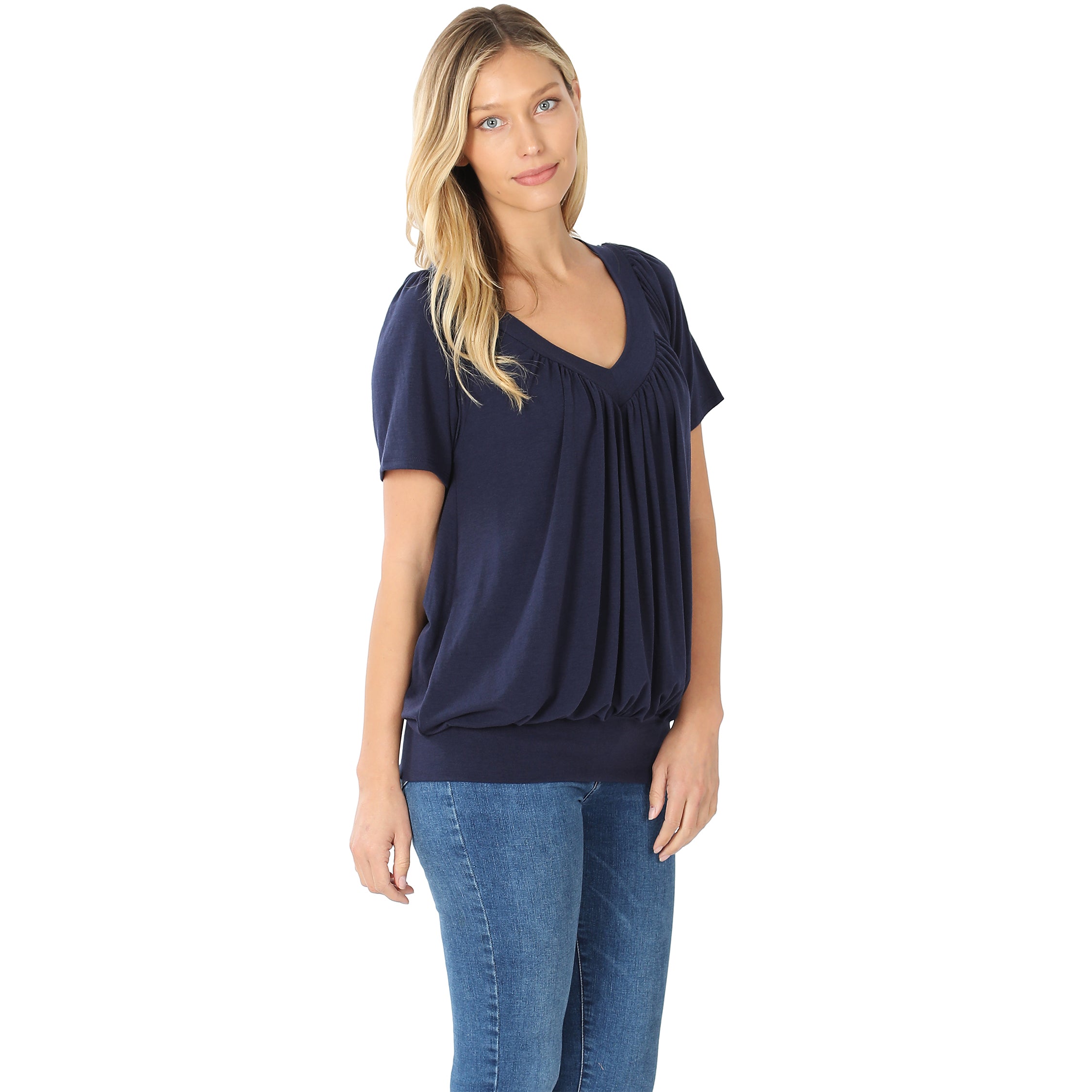 Zenana Women’s V-Neck Short Sleeve Shirring Top – Soft Stretch Knit, Casual Everyday Tee