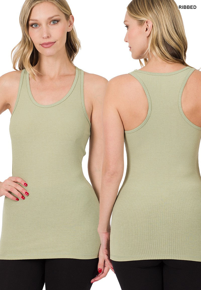 Close-up of ribbed texture and racerback design on women’s tank top