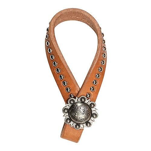 Brown leather strap with silver concho and studs on a white background
