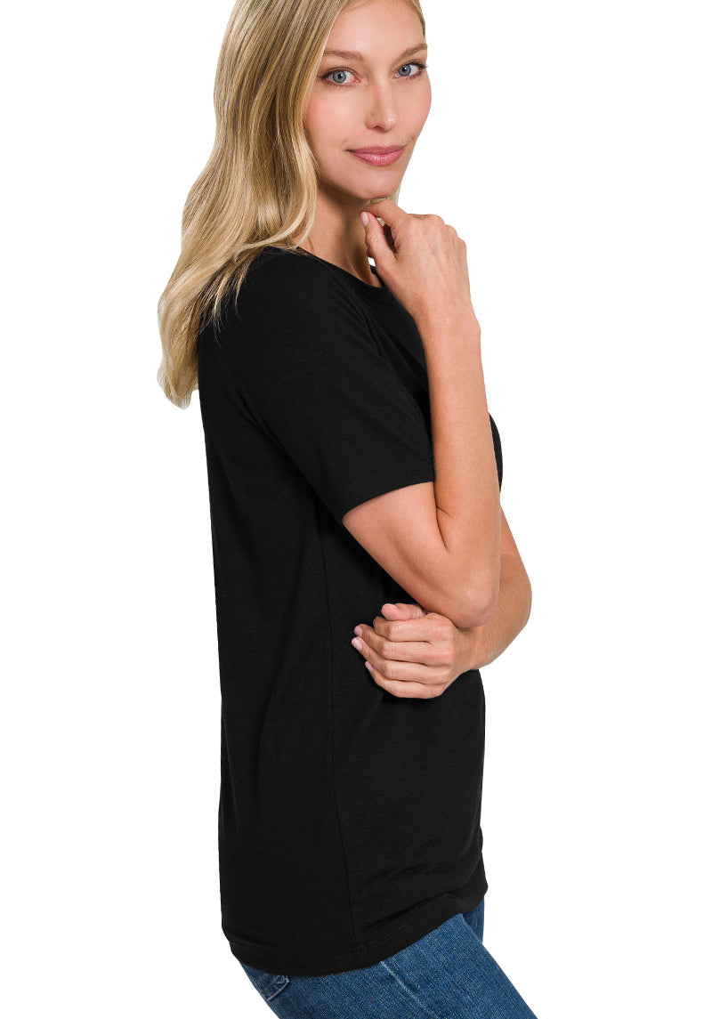 Woman wearing Zenana black round neck short sleeve tee