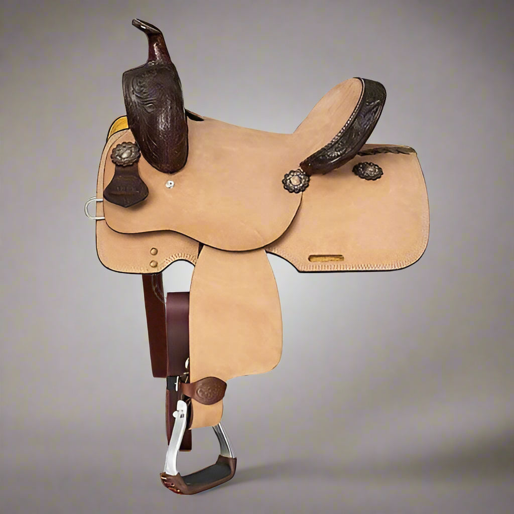Barrel Racing Saddle with Hand Tooled Accents and Aluminum Stirrups
