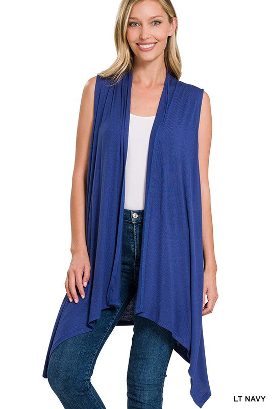 Casual women’s outfit featuring Zenana sleeveless draped vest in blue